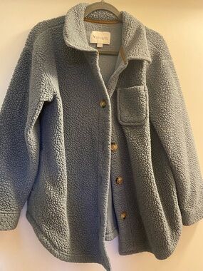 Koolaburra Light Blue Sherpa Jacket with Tan Trim